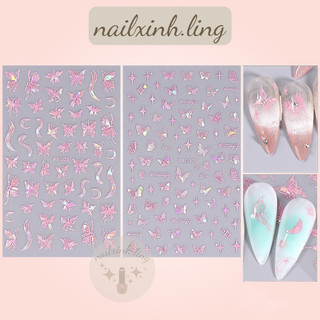 Miếng dán trang trí móng tay hình bướm trăng màu hồng laser - sticker dán nail phụ kiện trang trí móng