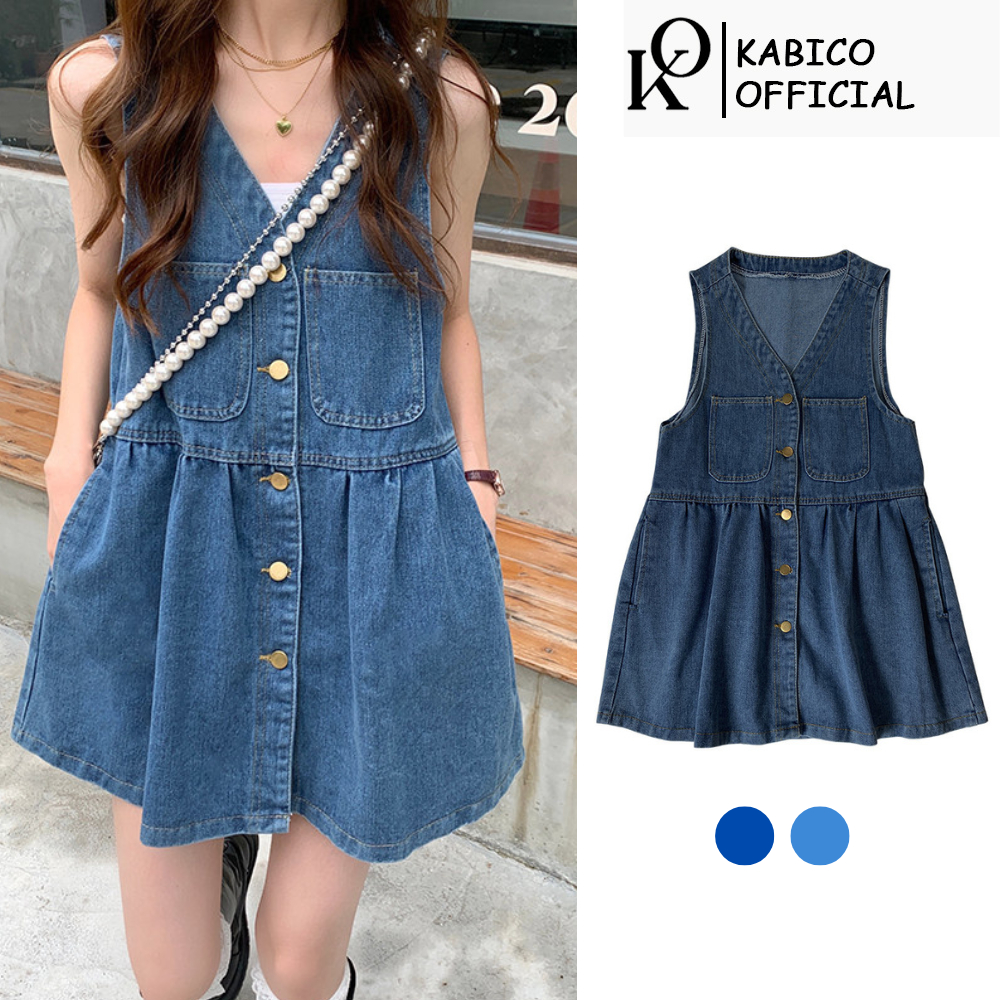 Váy yếm jean nữ Kabico dáng baybudoll, dầm yếm jean demin sát nách phong cách Hàn Quốc_Y4