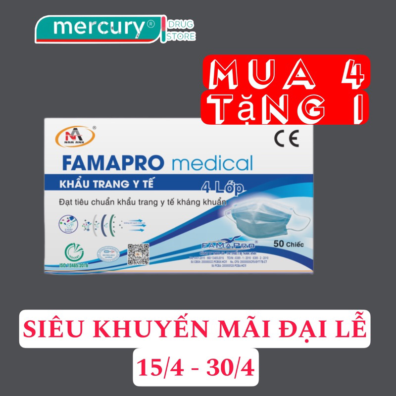 Hộp 50 cái khẩu trang y tế FAMAPRO  4 lớp màu trắng