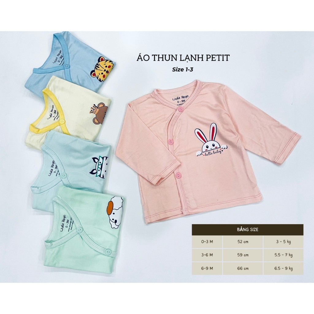 Combo 5 áo dài tay vải thun lạnh Petit, mát mẻ, thấm hút mồ hôi, mềm mịn cho các bé sơ sinh  0-9m tu