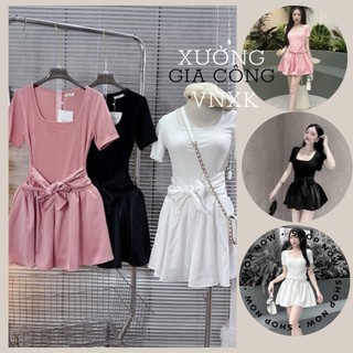 💃 Đầm nữ cổ vuông buộc nơ vải tăm dáng ngắn 3 màu