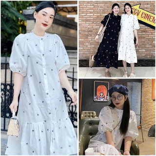 Váy maxi trắng thêu hoa dáng dài đi biển, đầm bầu màu đen