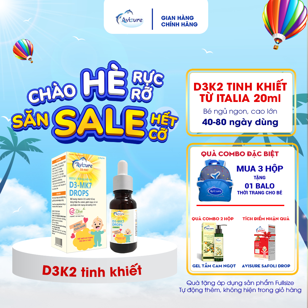 Vitamin D3 K2 tinh khiết Italia Avisure D3MK7 giúp bé cao lớn, ngủ ngon 20ml