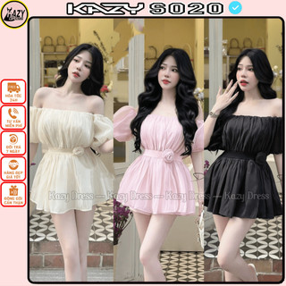 Set tơ trễ vai tay bồng phối hoa xinh xắn cho các nàng S020 KAZYDRESS