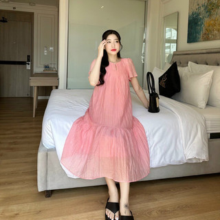 Váy babydol dáng dài đuôi cá chất voan tơ hai lớp, đầm bầu cộc tay mùa hè dự tiệc đi làm công sở