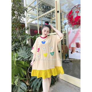 Váy babydol cộc tay phối chân voan họa tiết gấu, đầm bầu bí dễ thương