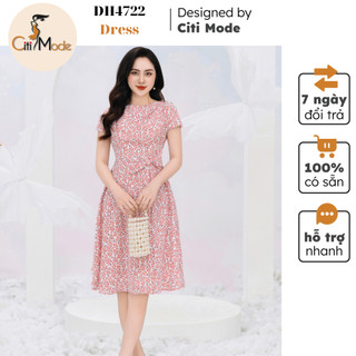 Đầm công sở CITI MODE FASHION thiết kế dáng xòe hoa nhí đỏ cổ thuyền đính nơ hông DH4722