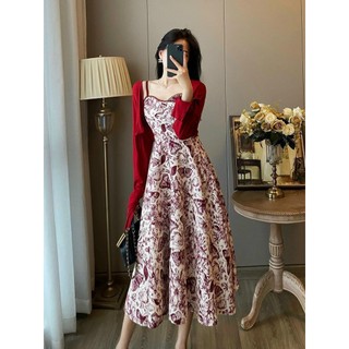 Đầm thời trang nữ đi chơi chất lụa cổ dây kèm áo khoác tay dài  in hoa dáng váy chữ A dài maxi trẻ trung tôn dáng