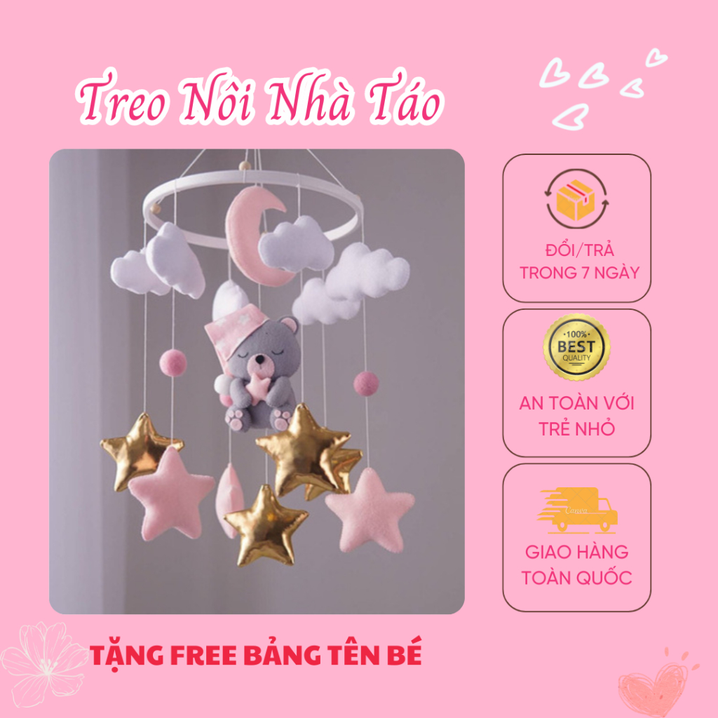 Đồ chơi treo nôi gấu Hồng (Tặng free Bảng Tên)