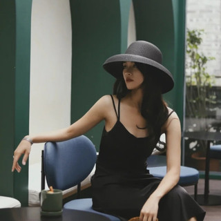 Mũ cói đi biển trơn dáng lồng đèn màu đen chóp tròn M19-20
