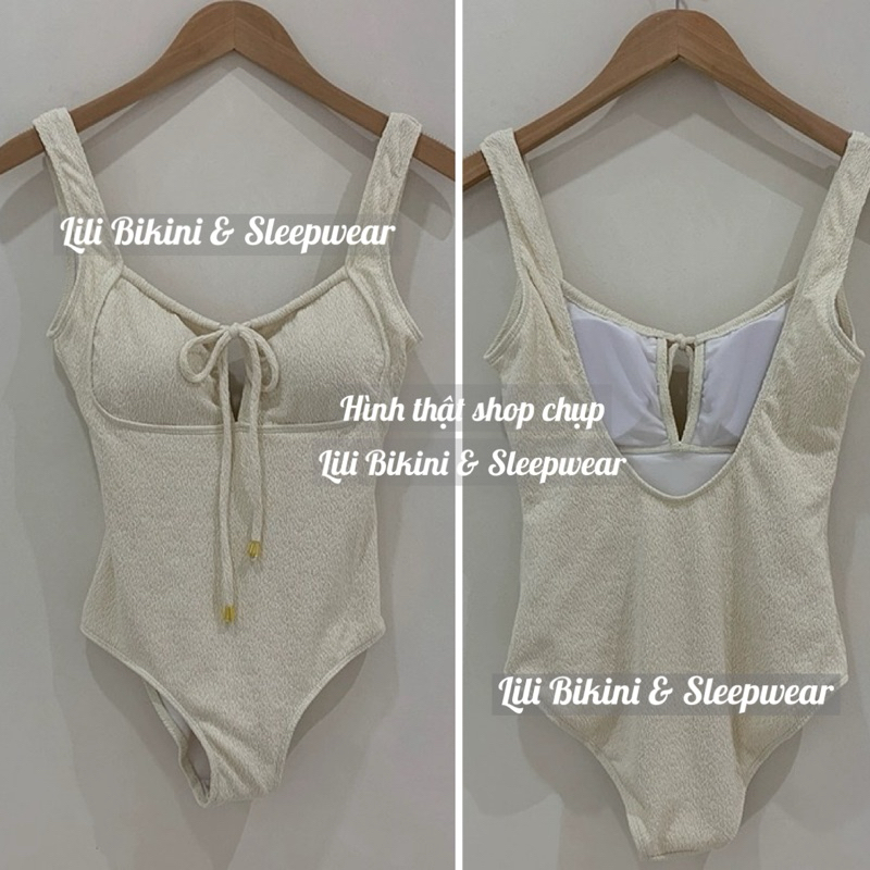 (Hàng loại 1) Bikini đồ bơi  1 mảnh màu trắng kem thun gân dày cột nơ trước mặc nhiều kiểu Hàn Quốc nàng thơ tôn dáng | BigBuy360 - bigbuy360.vn