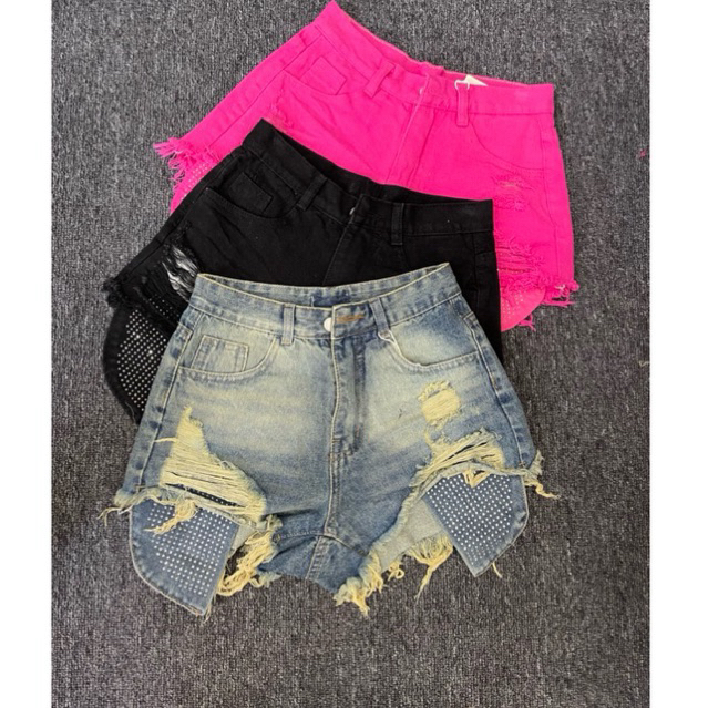 Quần Short Jean Rách Tua Lộ Túi Đính Đá Dài Nhiều Màu