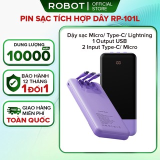 [BH 1 Năm] ROBOT pin sạc dự phòng 10000mAh sẵn 3 dây sạc, màn hình hiển thị pin, mang theo tiện lợi RP-101L