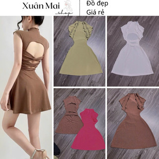 Đầm ngắn ôm body thun gân tay dày cổ yếm trễ vai hai màu trắng đen hot hit tóp tóp