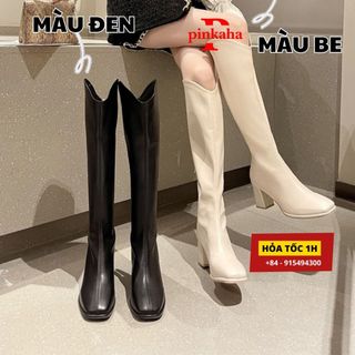 Giày Bốt Đùi Nữ Cao Cấp Cổ V Kéo Khoá Sau Da Lì Cổ Cao Đen Be Ulzzang Da Mềm  Đế 7 Phân Thời Trang Siêu Hót PINKAHA BC01