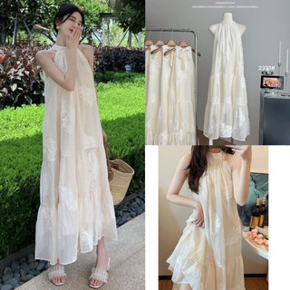 Váy maxi cổ yếm voan thêu hoa cổ buộc nơ điệu đà tiểu thư Hàn Quốc/Đầm voan ren hoa đi biển cổ yếm