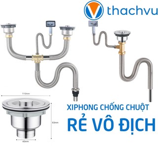 Bộ xiphong inox chậu rửa bát 110mm chống chuột, bộ xả xifon inox chậu đơn, đôi không rỉ sét.
