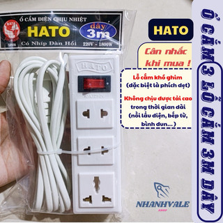 Ổ cắm điện 3 lỗ HATO chịu nhiệt, dây 3M, công suất 1800W