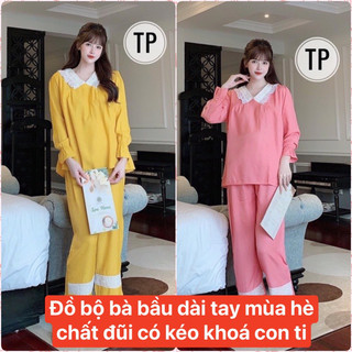 Bộ đồ bầu và sau sinh kéo khoá con ti mùa hè chất đũi mặc nhà đẹp giá rẻ cao cấp