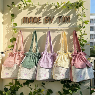 Túi tote dây rút vải nhung tăm phối hoa