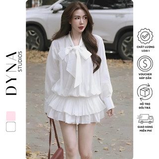 Váy áo sơ mi thô hàn tay dài buộc nơ cổ 𝐀𝐒𝐇𝐘𝐋𝐄𝐘 chân xếp ly hai tầng trẻ trung