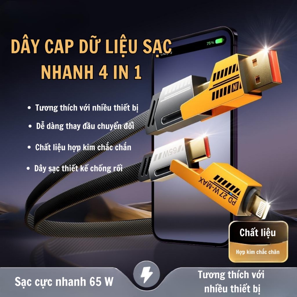 Dây Cáp Sạc Nhanh 4 Trong 1 eXtreme DS6101 Usb Type C l.os 65w Cho Samung, l.P Phone Charging Cable