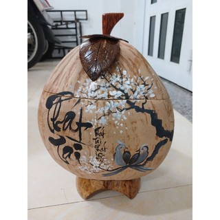 Vỏ ấm trà trái dừa vẽ chữ không sơn màu