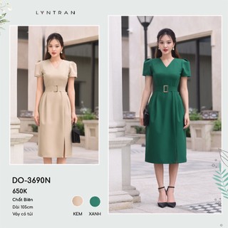 Đầm công sở dáng ôm cổ V đai eo xẻ trước, váy ôm ngắn tay vai bồng LYNTRAN DO-3690N