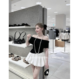 Set bộ áo thun tăm trễ vai chân váy xoè bồng kèm tag x - set áo tăm trễ vai chân váy phồng xoè