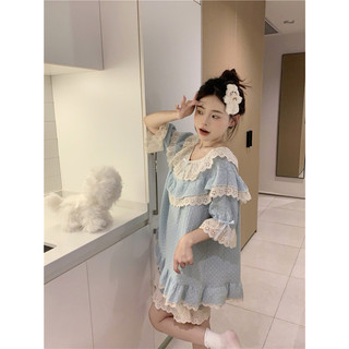 Bộ ngủ chấm bi xanh tiểu thư (hàng quảng châu)