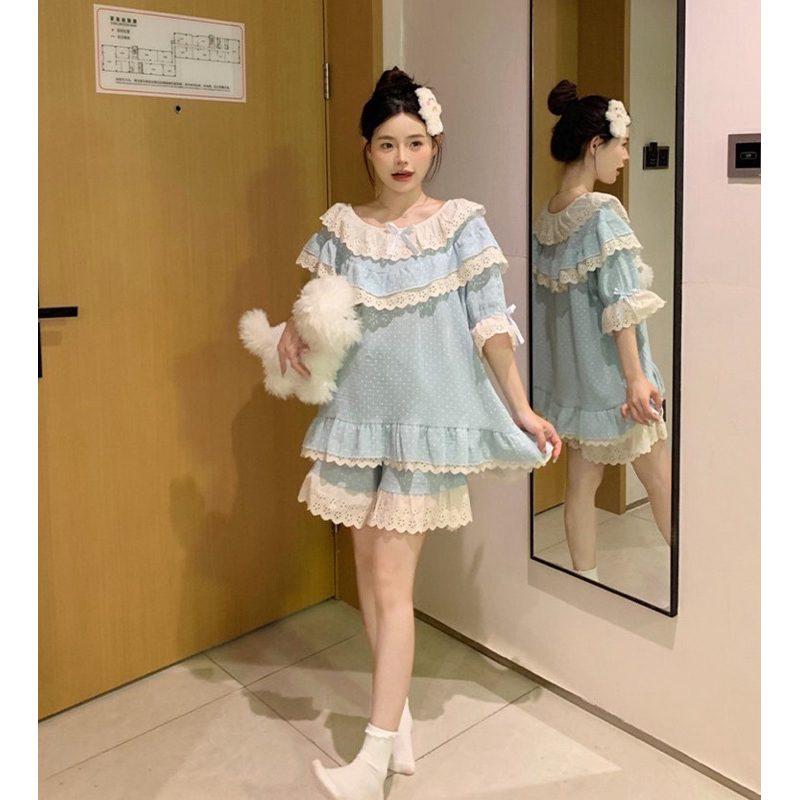 Bộ ngủ chấm bi xanh tiểu thư (hàng quảng châu)