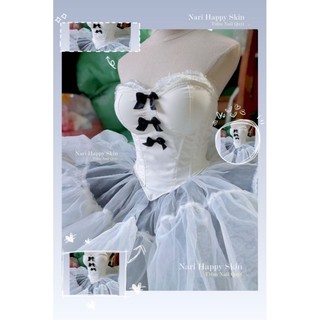 Set Áo corset trắng nơ đen thiết kế Chân váy voan bồng tùng phồng