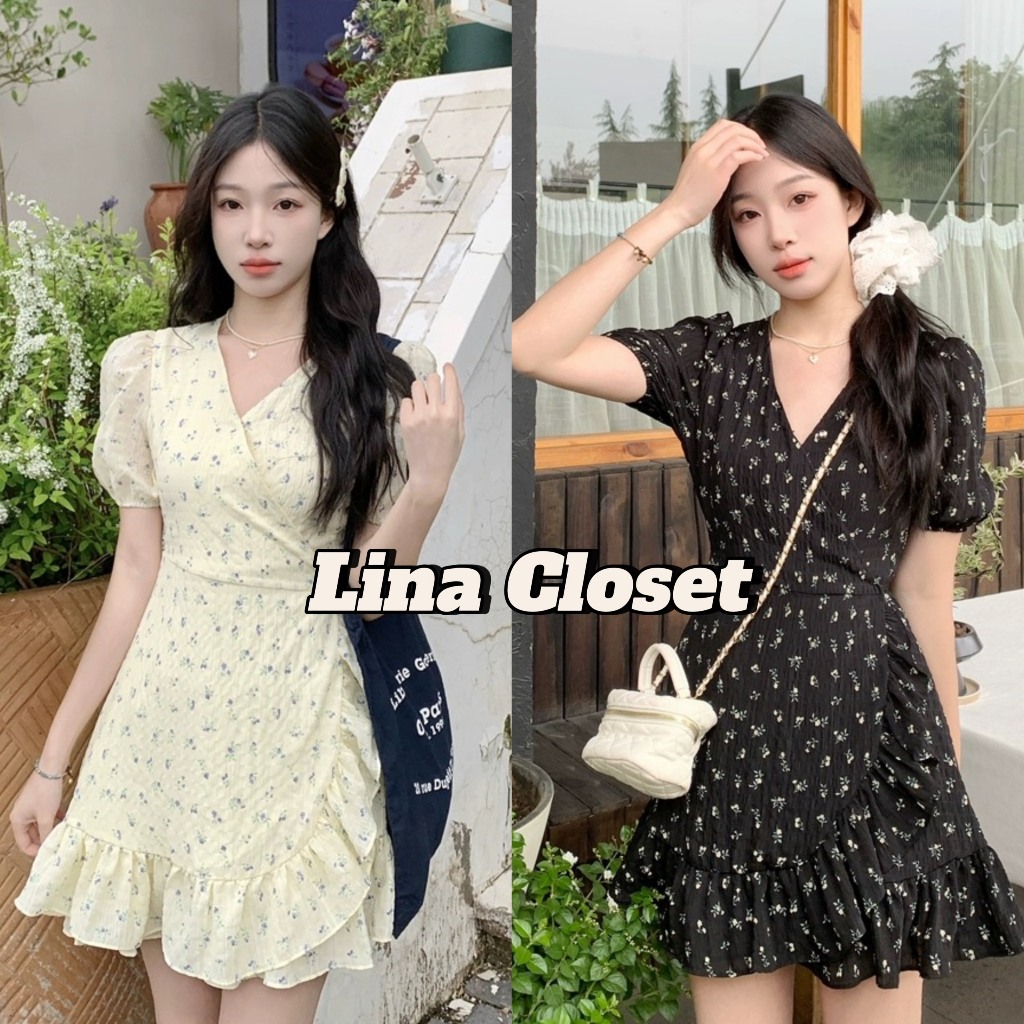 Đầm/Váy hoa nhí DITSY cổ V tay bồng viền bèo đuôi cá có dây thắt eo điều chỉnh