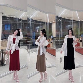 Đầm tăm lạnh body 2 dây hở lưng tôn dáng kèm khoác tơ sơ mi y hình