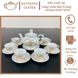 (7 MẪU) Bộ ấm chén pha trà Bát Tràng-men Trắng vẽ Vàng:Vinh Hoa Phú Quý,Thuận Buồm Xuôi Gió…dáng Đài Các