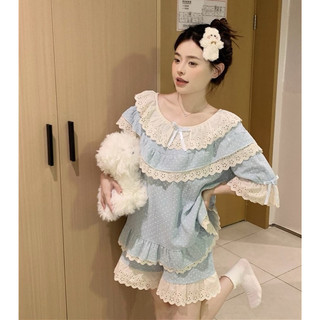 Bộ ngủ chấm bi xanh tiểu thư (hàng quảng châu)