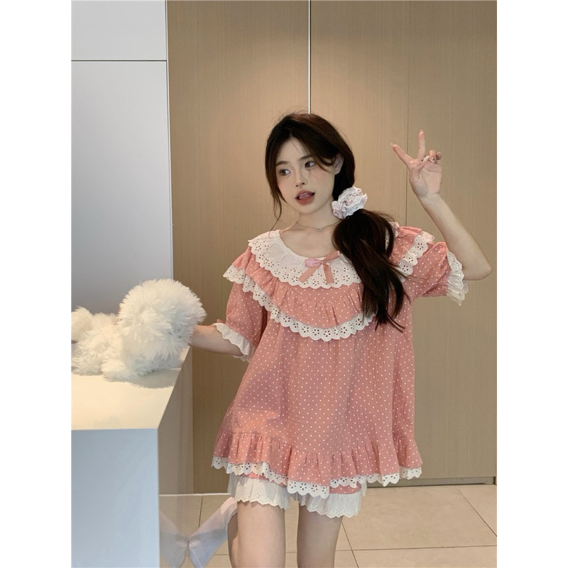 Bộ ngủ chấm bi hồng (hàng quảng châu)