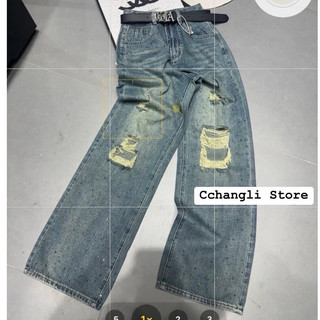 Quần jeans xuông rách gấu đính đá hàng QCL1