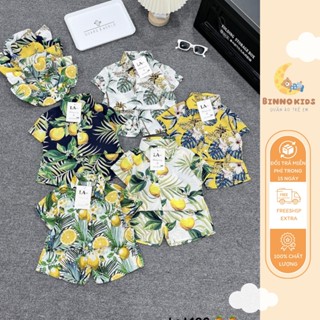 [XẢ 39K]Bộ đũi đi biển bé trai áo sơ mi quần đùi họa tiết hoa lá tươi mát từ 8-26 mã L106( Kèm mũ)