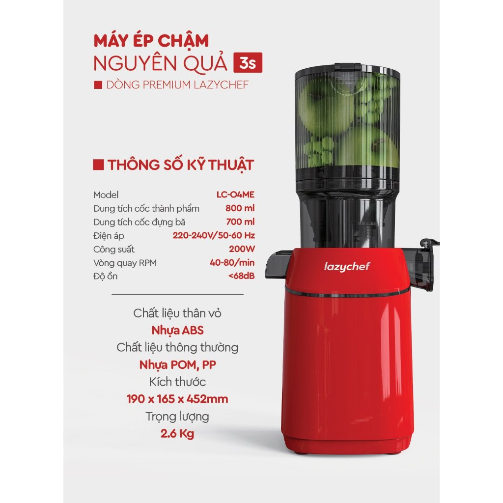 Máy Ép Chậm Nguyên Quả LazyChef 3S Premium Ép Kiệt Bã – Không Cần Cắt Nhỏ – Vận Hành Êm, Dễ Vệ Sinh
