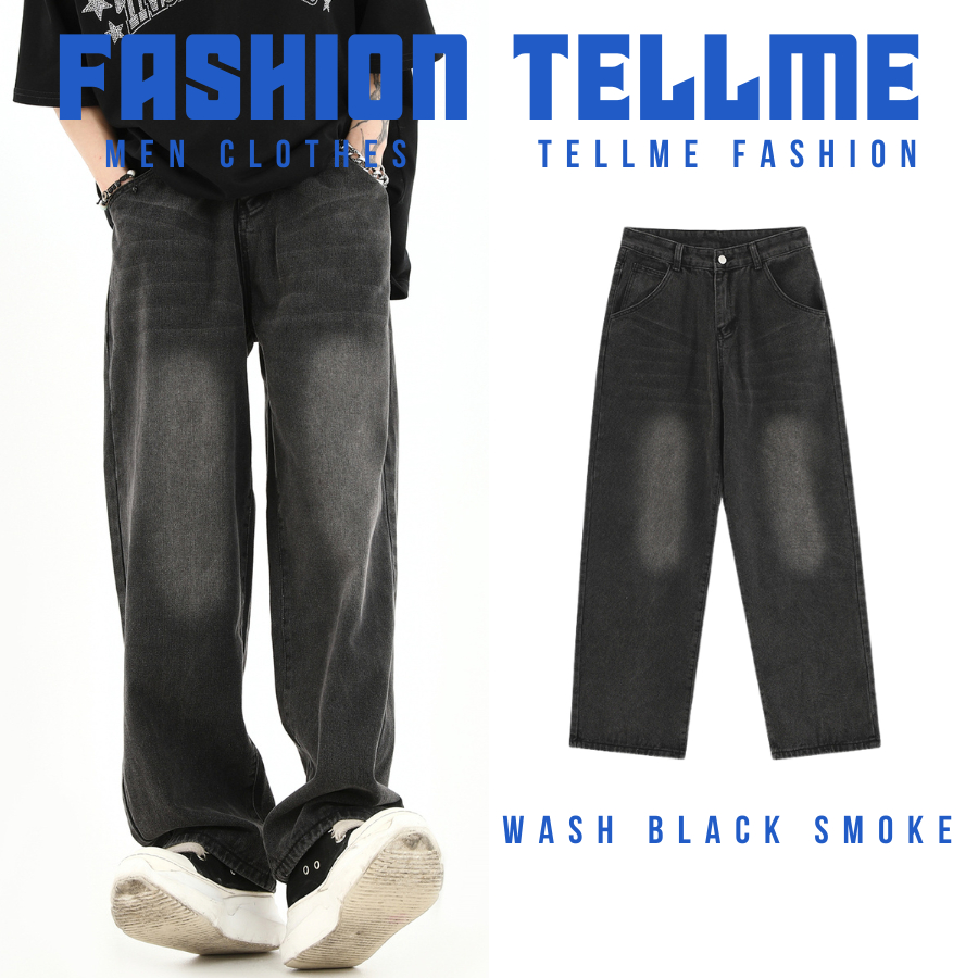 Quần Jean Nam Ống Suông Cạp Cao Wash Smoke Tellme Fashion, Quần Jean Nam Baggy Loang Khói Chất Liệu Cao Cấp