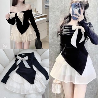  Sét áo trễ vai đính nơ kèm chân váy voan xoè 3 tầng ngắn lưng cao. Áo nữ dài tay vạt chéo hở vai sexy ôm body hàn quốc 