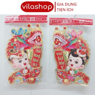Decal mẫu cô cậu múa rồng tết 2025, decal trang trí tết dán kính, dán tường 1 đôi sắc nét đa chiều