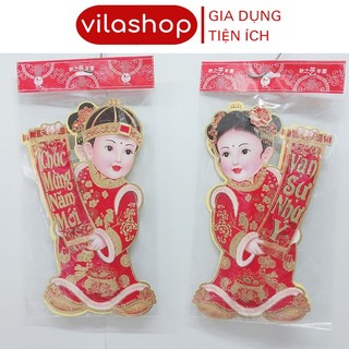 Decal mẫu cô cậu đỏ đẹp tết 2025, decal trang trí tết dán kính, dán tường 1 đôi đủ size sắc nét