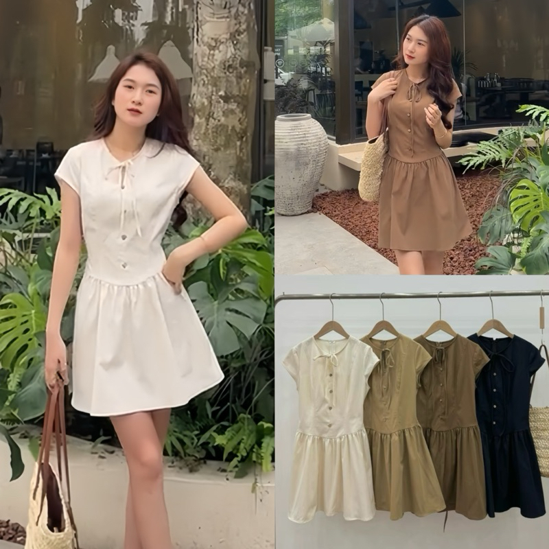 Váy tay hến cổ nơ dáng xoè nhẹ buộc dây lưng, váy đi biển, Lipeo.store