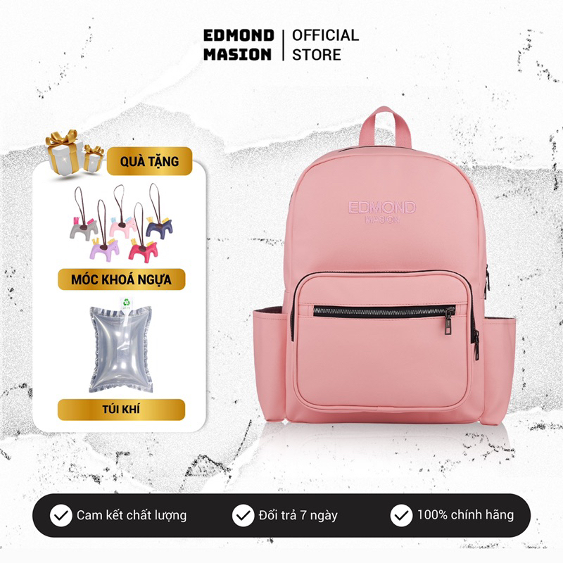 Balo EDMOND MASION Basic Ss2024 hồng tặng kèm móc khoá ngựa chính hãng da cao cấp đi học đựng laptop size L MONOGRAM