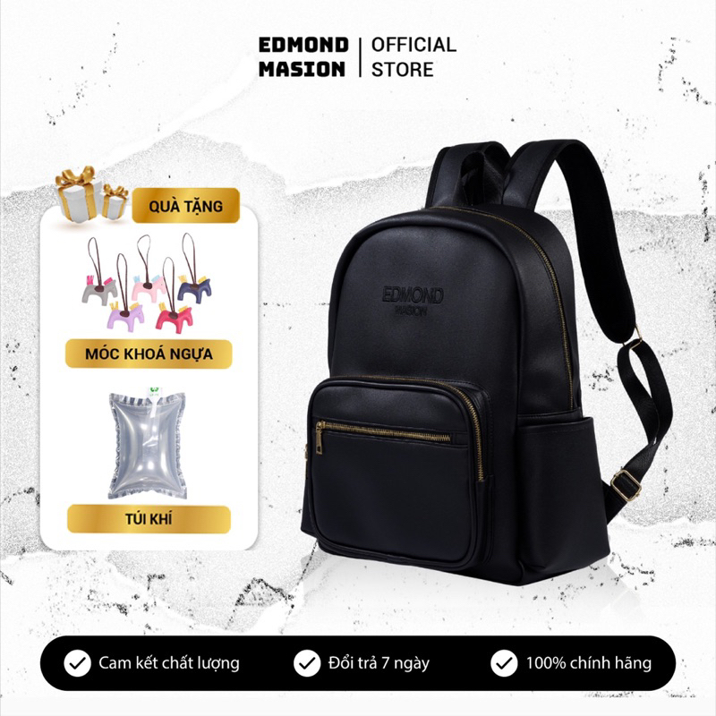 Balo EDMOND MASION Basic Ss2024 đen tặng móc khoá ngựa chính hãng da cao cấp đi học size L MONOGRAM