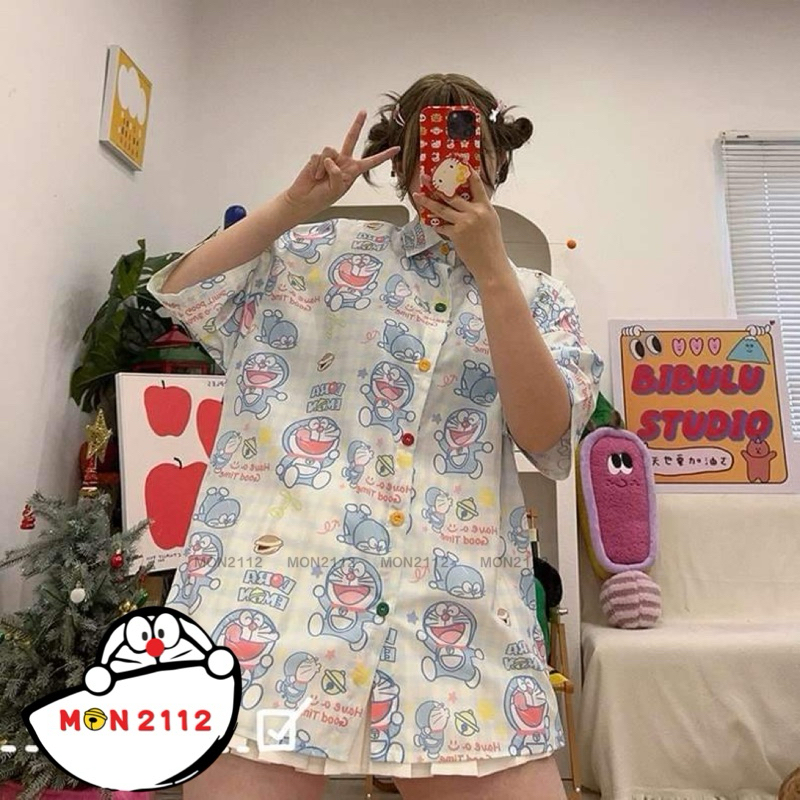 Áo sơ mi Doraemon Doremon vải lụa form rộng xinh xắn
