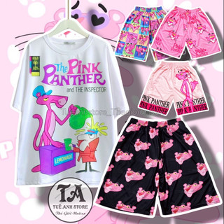  Mẫu Mới  Set Bộ Quần Áo Báo Hồng Pink Panther cotton - Bộ đùi mặc nhà Hoạt Hình Cartoon form rộng Unisex nam nữ 38-65Kg 