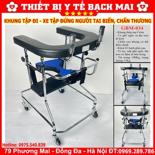 Khung tập đi cho người tai biến gbm034 - xe tập đứng và đi có ghế ngồi phục hồi chức năng cho bệnh nhân, người già